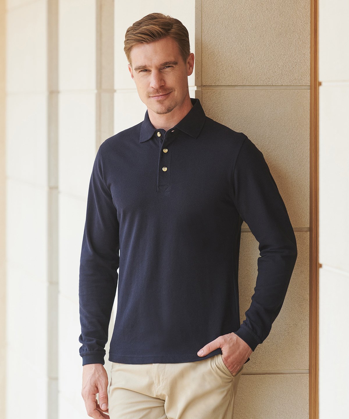 Henbury Long Sleeve Cotton Polo Shirt